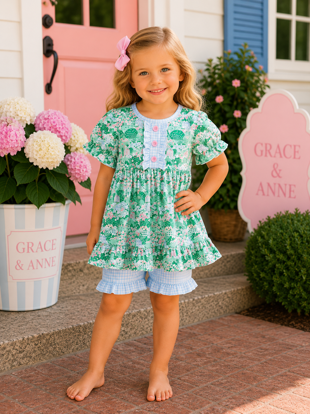 Green house floral Ruffle Shorts Set