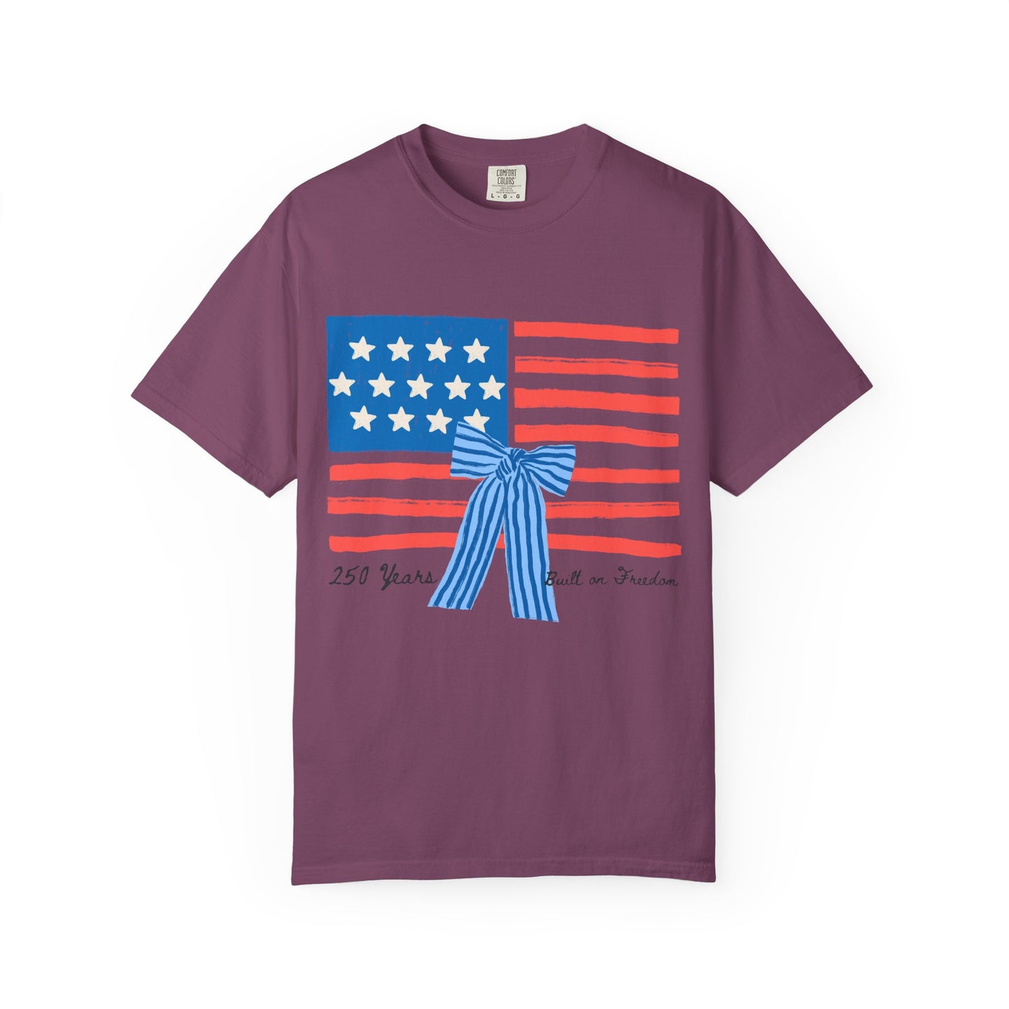 American Flag T-Shirt with Blue Bow – 250 Years of Freedom Tee