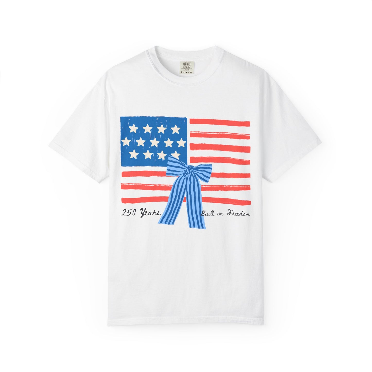 American Flag T-Shirt with Blue Bow – 250 Years of Freedom Tee