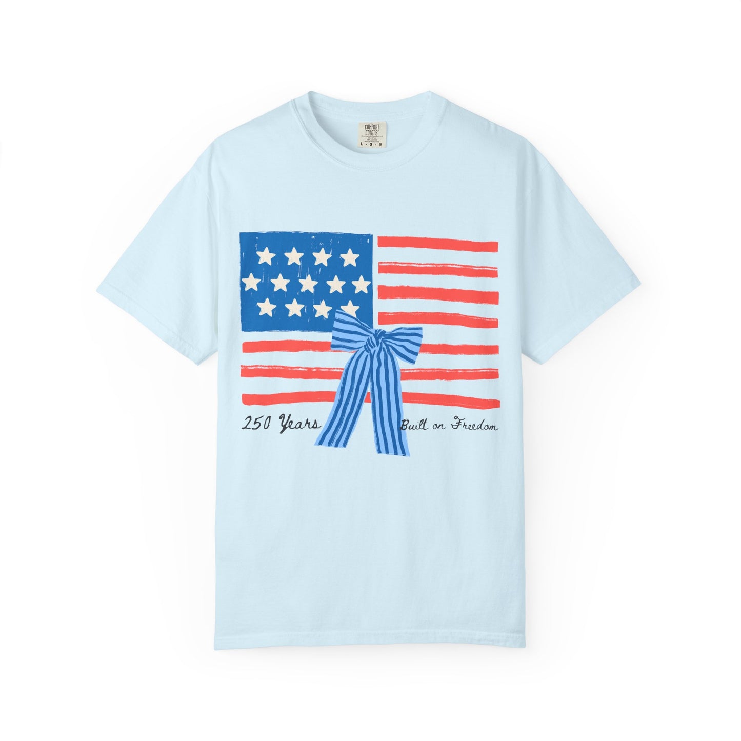 American Flag T-Shirt with Blue Bow – 250 Years of Freedom Tee