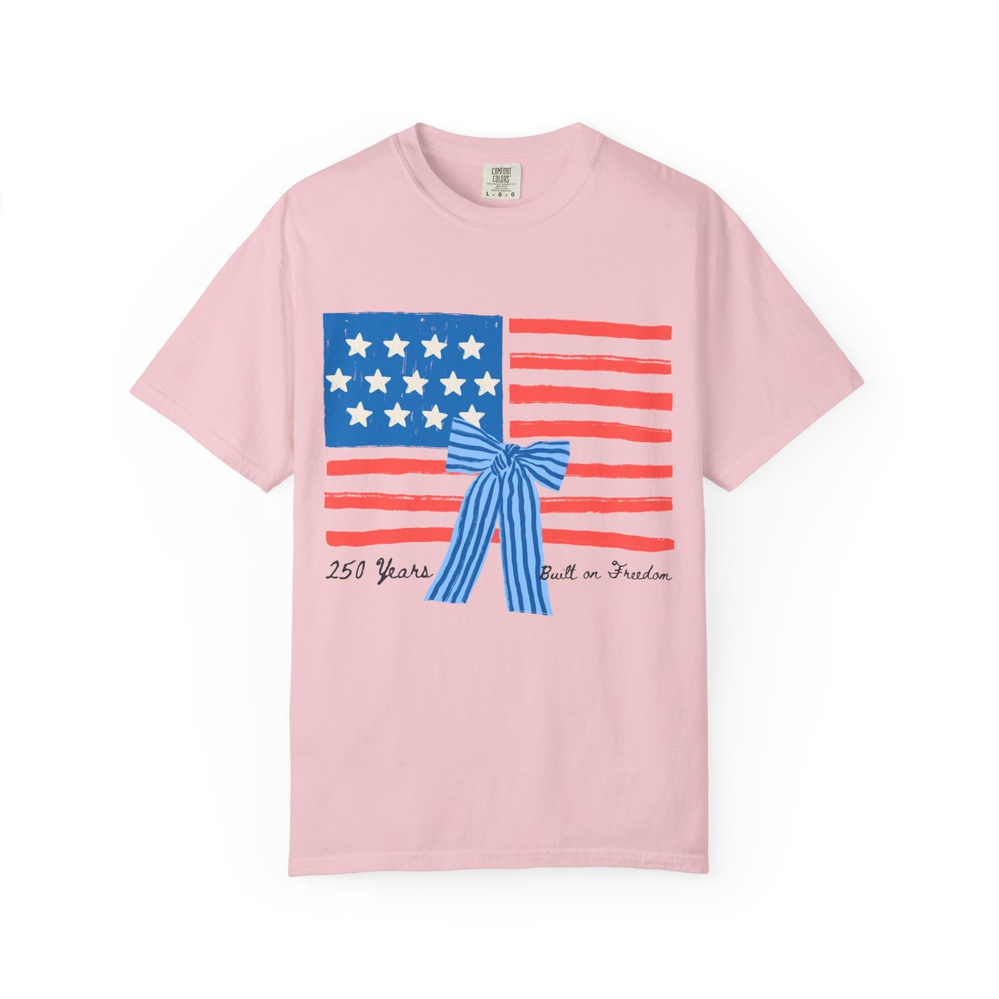 American Flag T-Shirt with Blue Bow – 250 Years of Freedom Tee