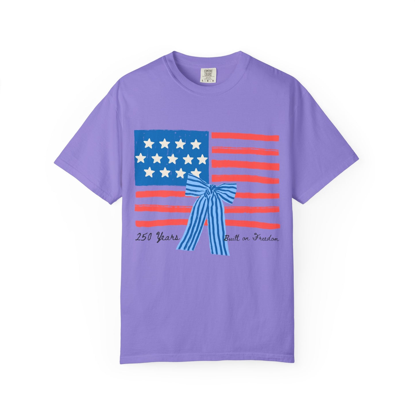 American Flag T-Shirt with Blue Bow – 250 Years of Freedom Tee