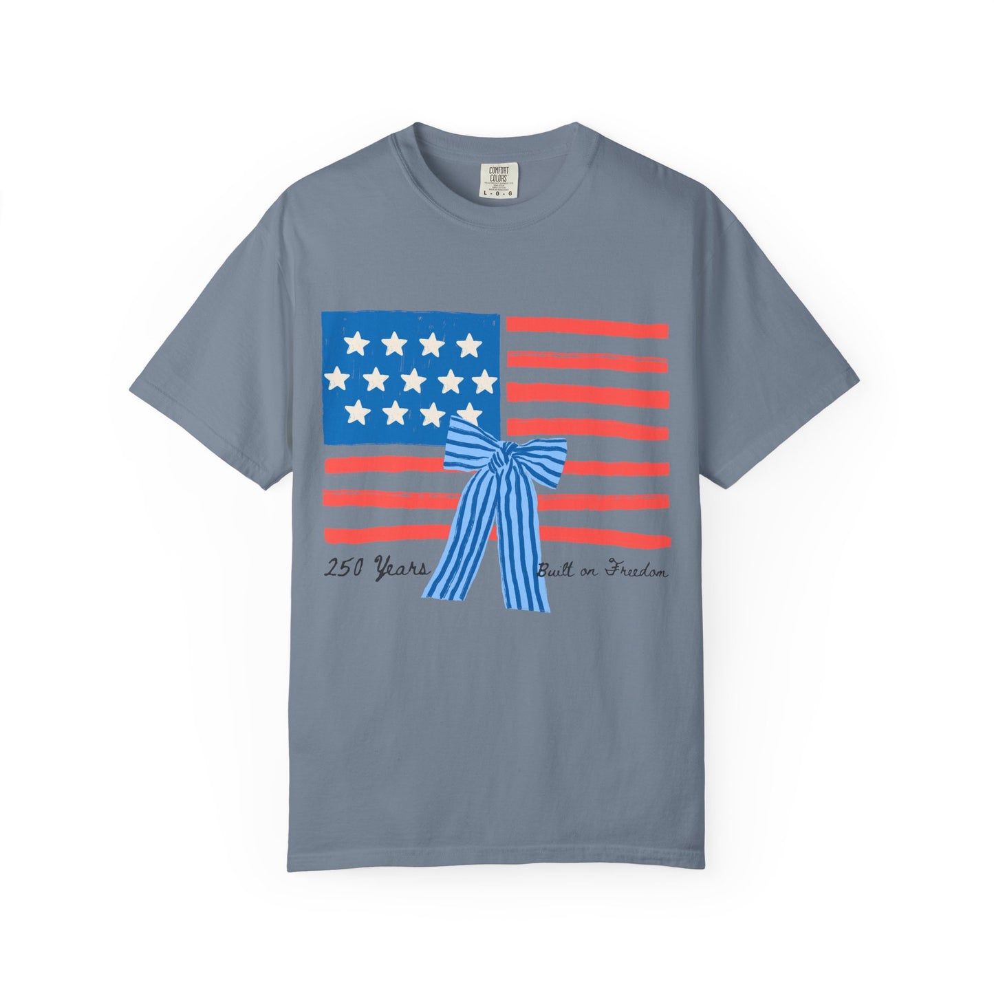 American Flag T-Shirt with Blue Bow – 250 Years of Freedom Tee