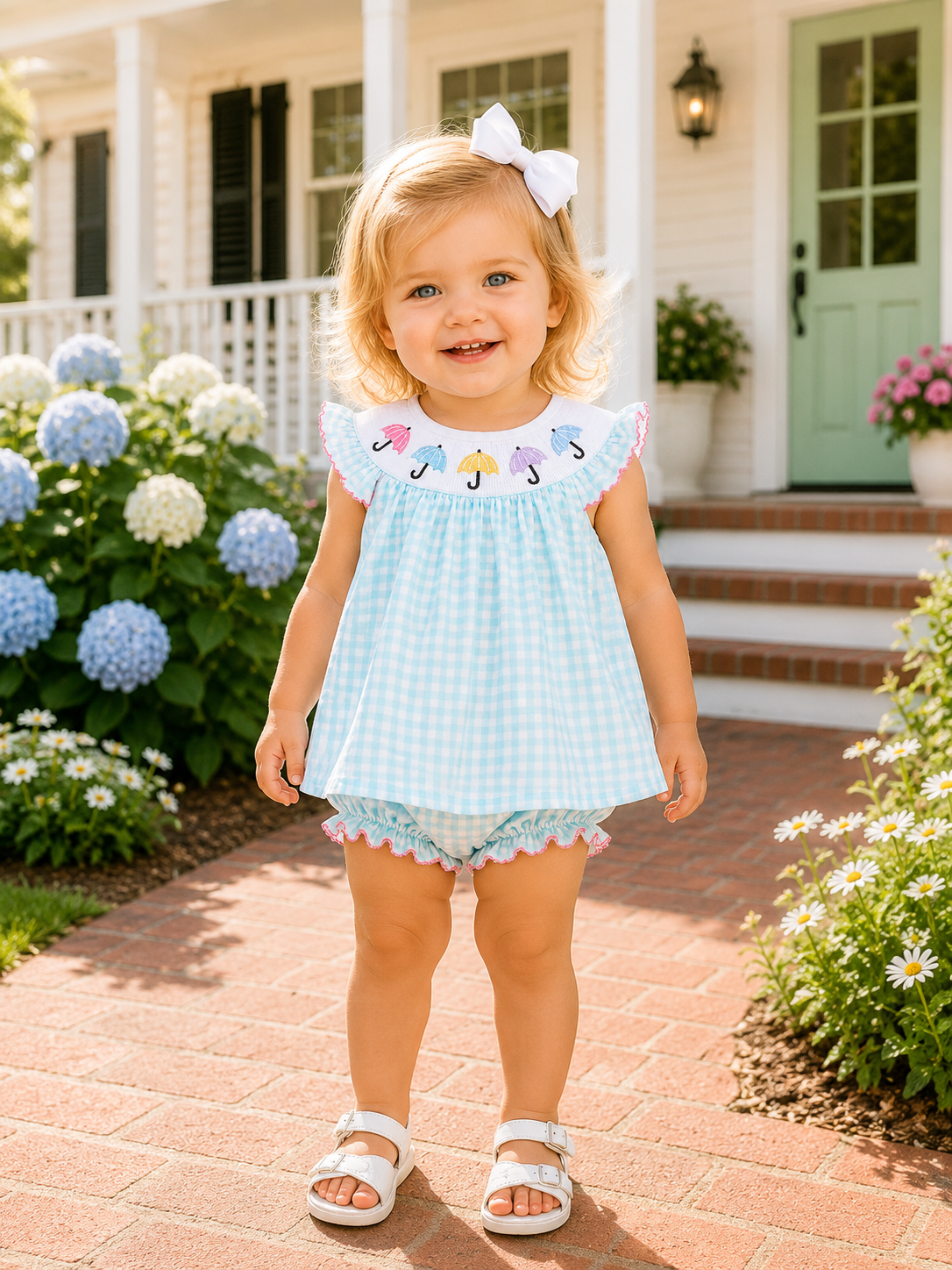 Blue Umbrella Smocked Bloomer Set
