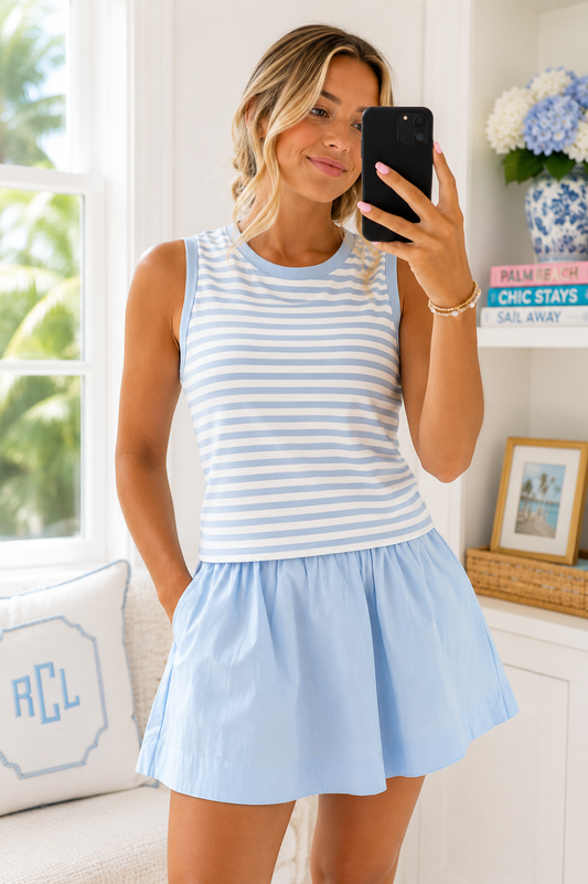Stripe Slim Tank Contrast Ruffle Mini Skort Set