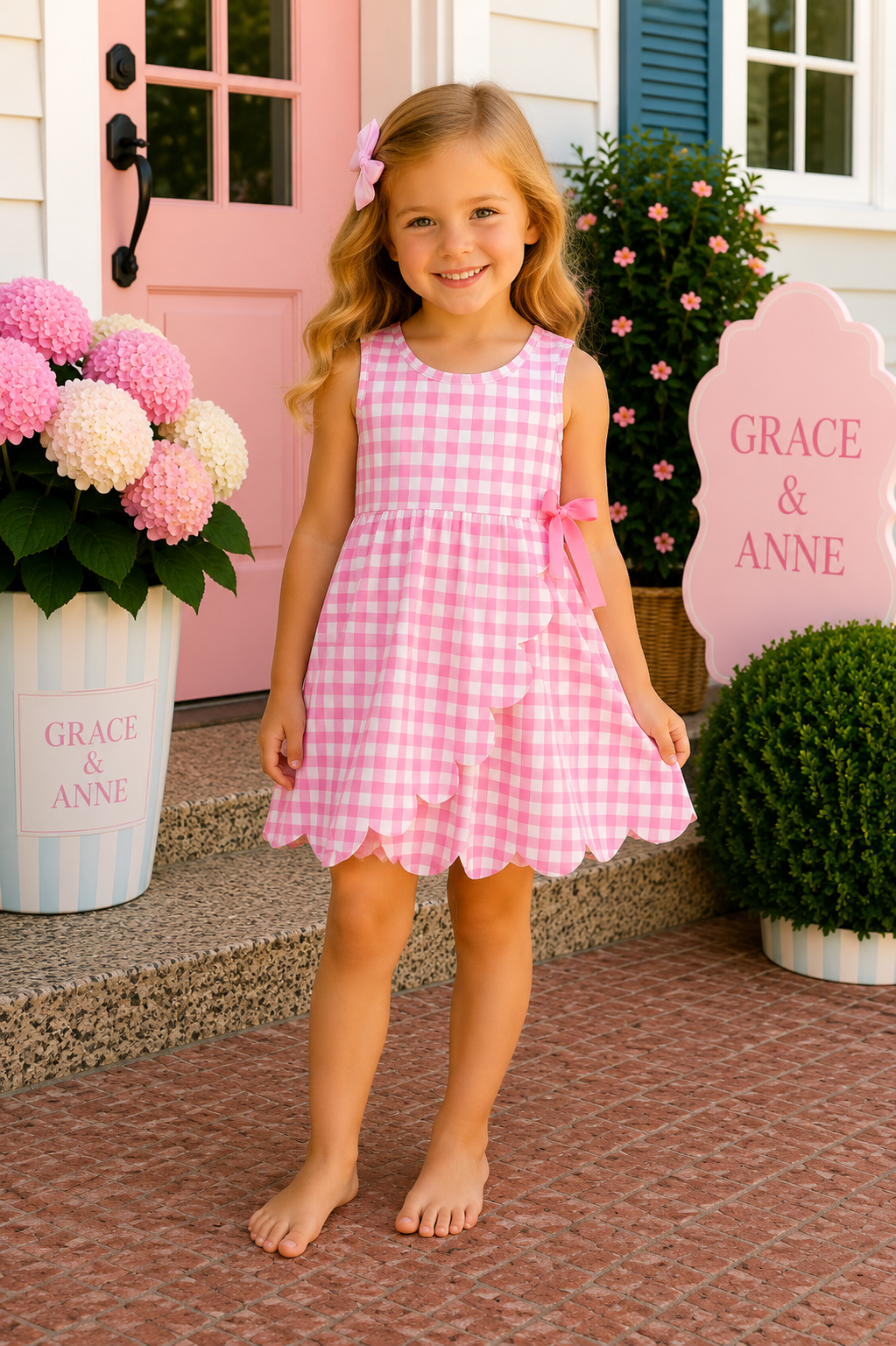 Pink Performance Gingham Bow Scalloped Dress