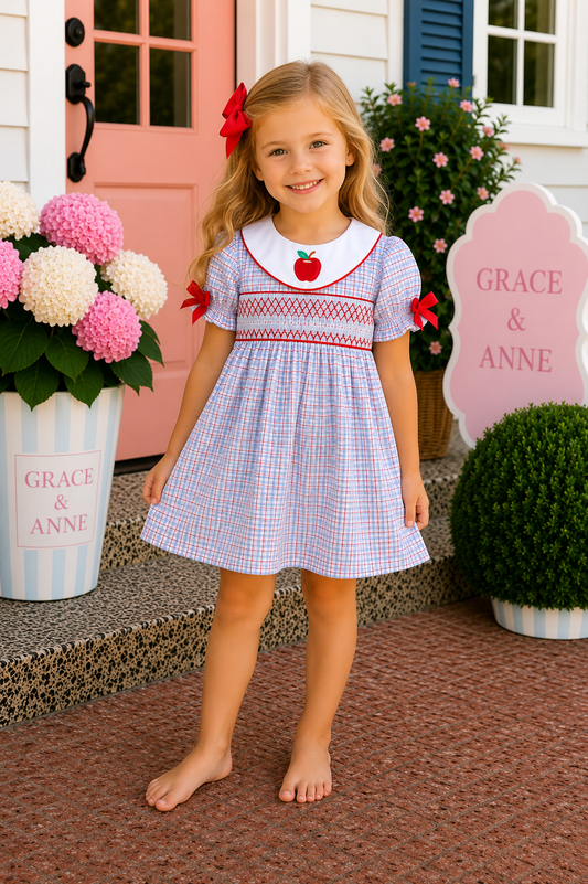 Blue Apple Smocked Plaid Dress