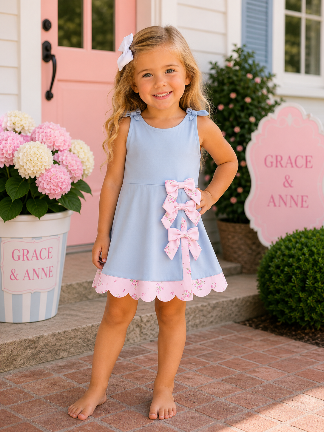 Blue Performance Bow Sash Scalloped Dress
