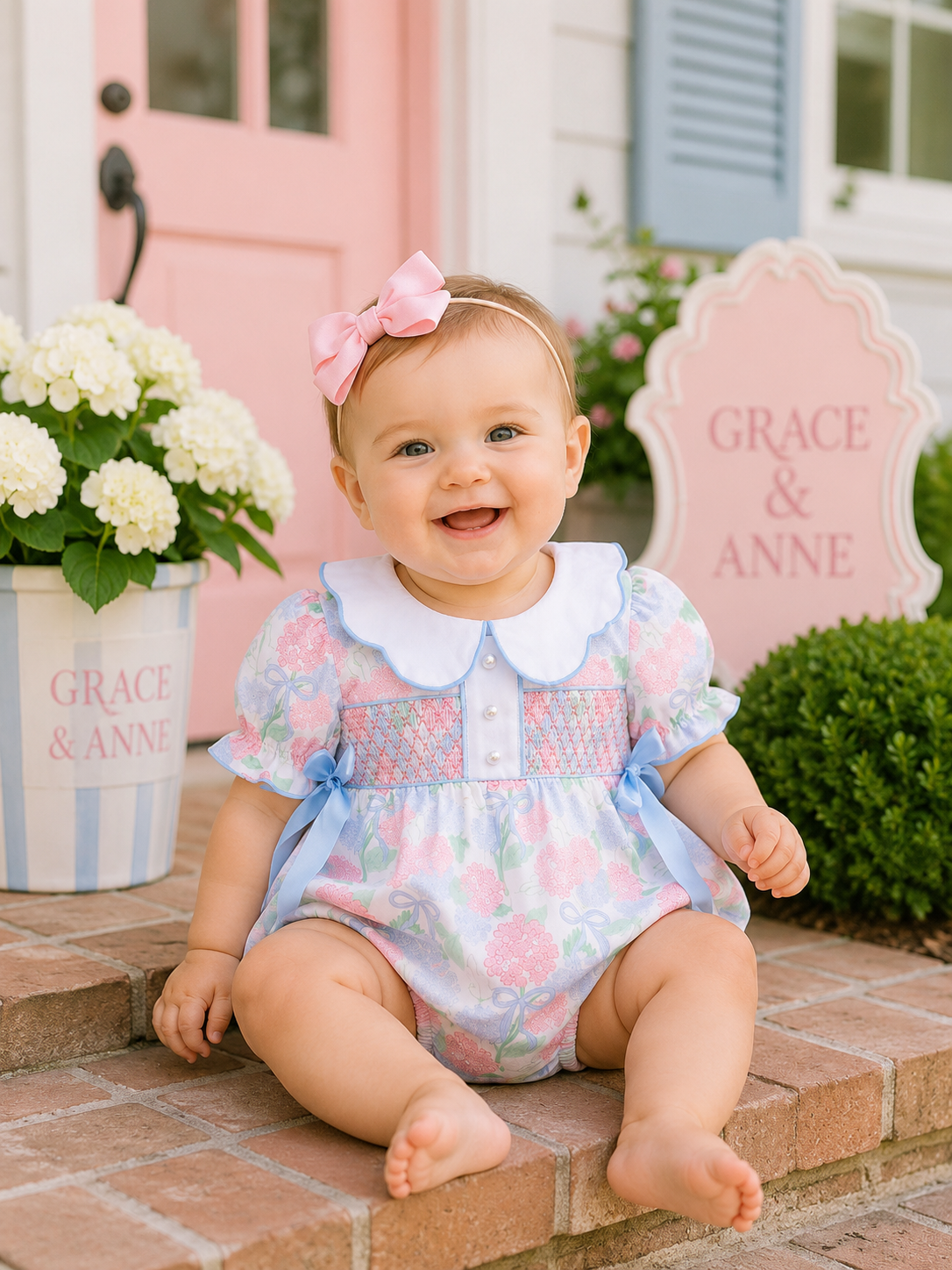 Blue Hydrangea Smocked Pearl Bubble
