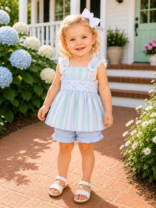 Green Stripe Smocked Bow Seersucker Bloomer Set