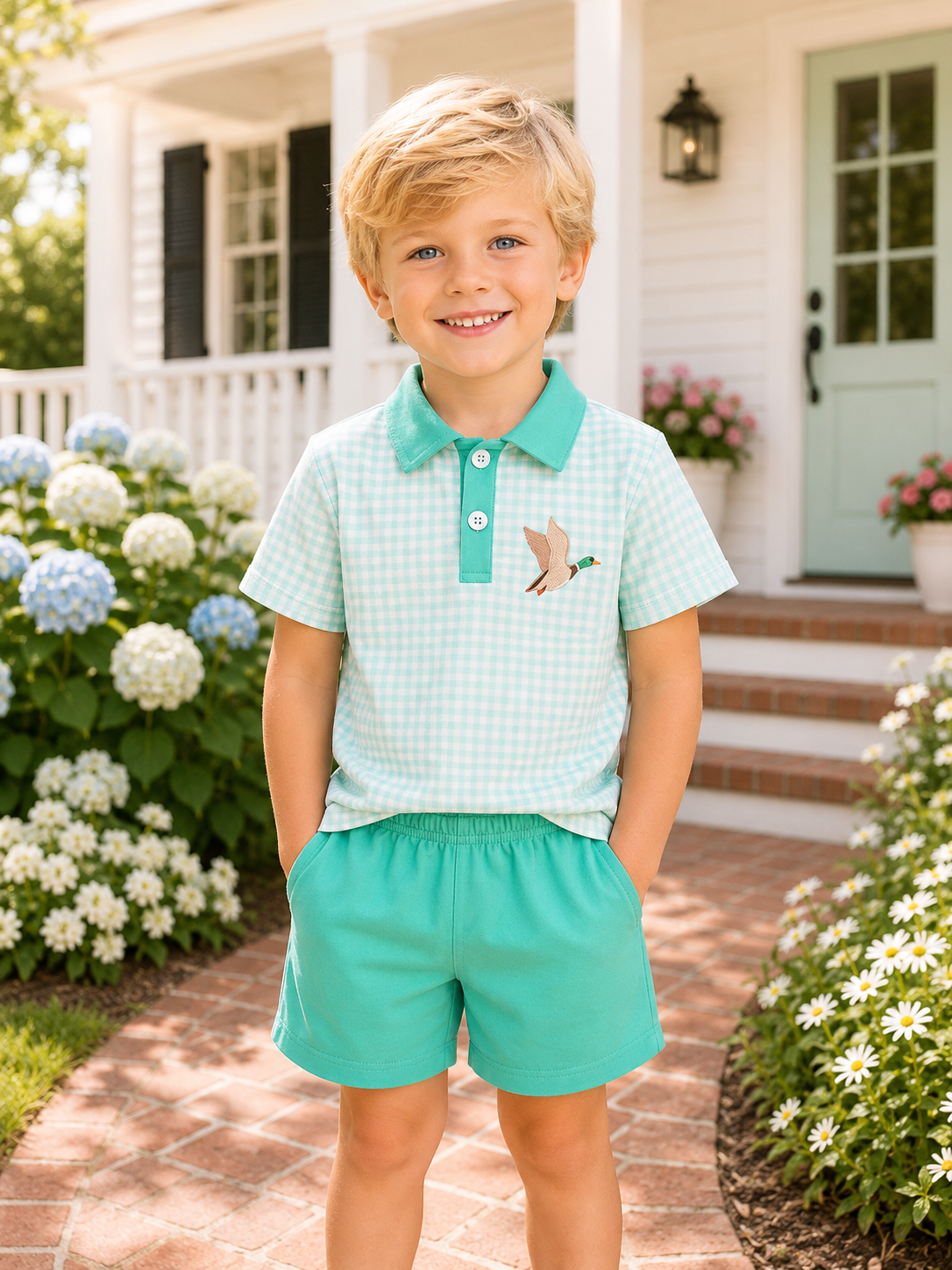 Green Mallard Plaid Embroidered Set
