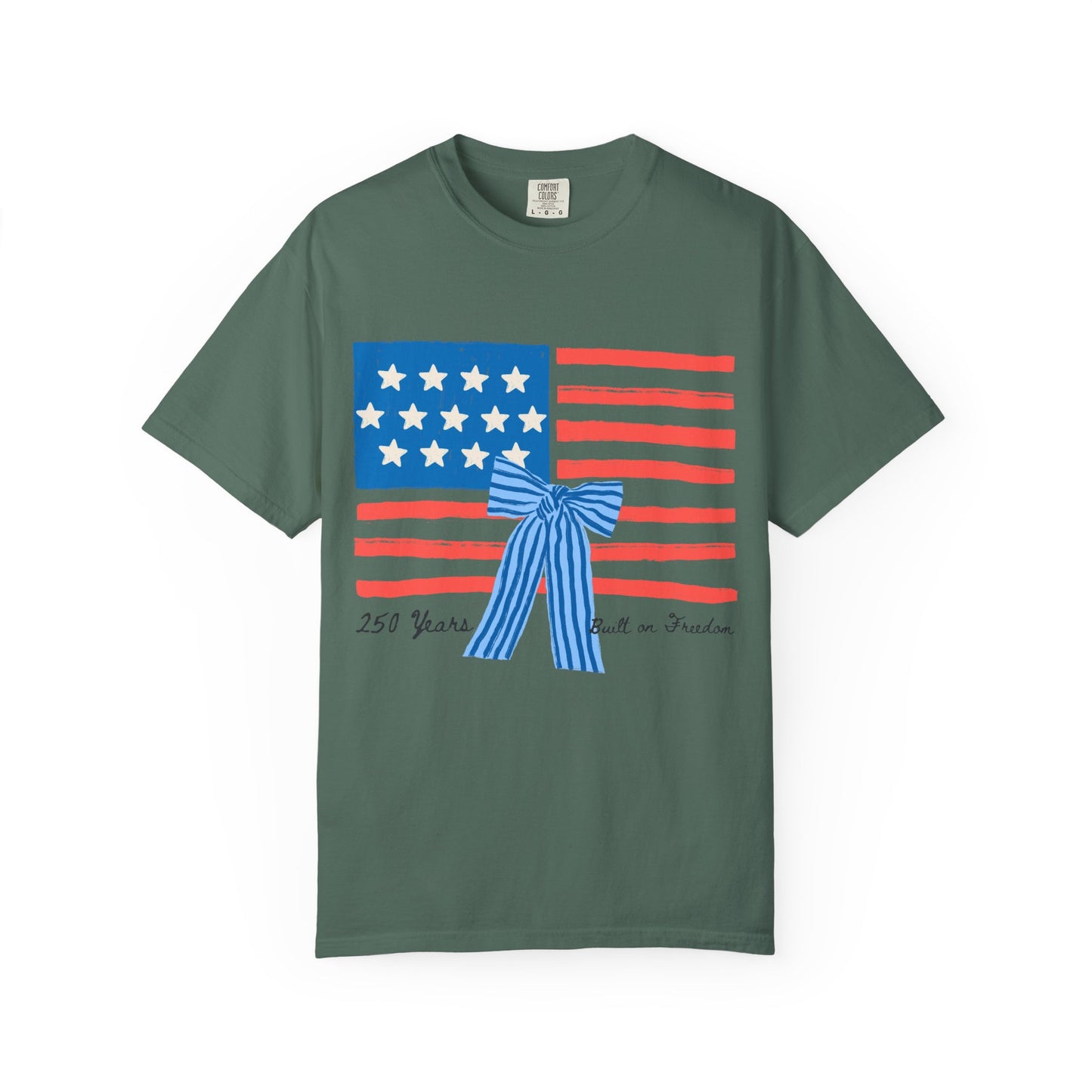 American Flag T-Shirt with Blue Bow – 250 Years of Freedom Tee