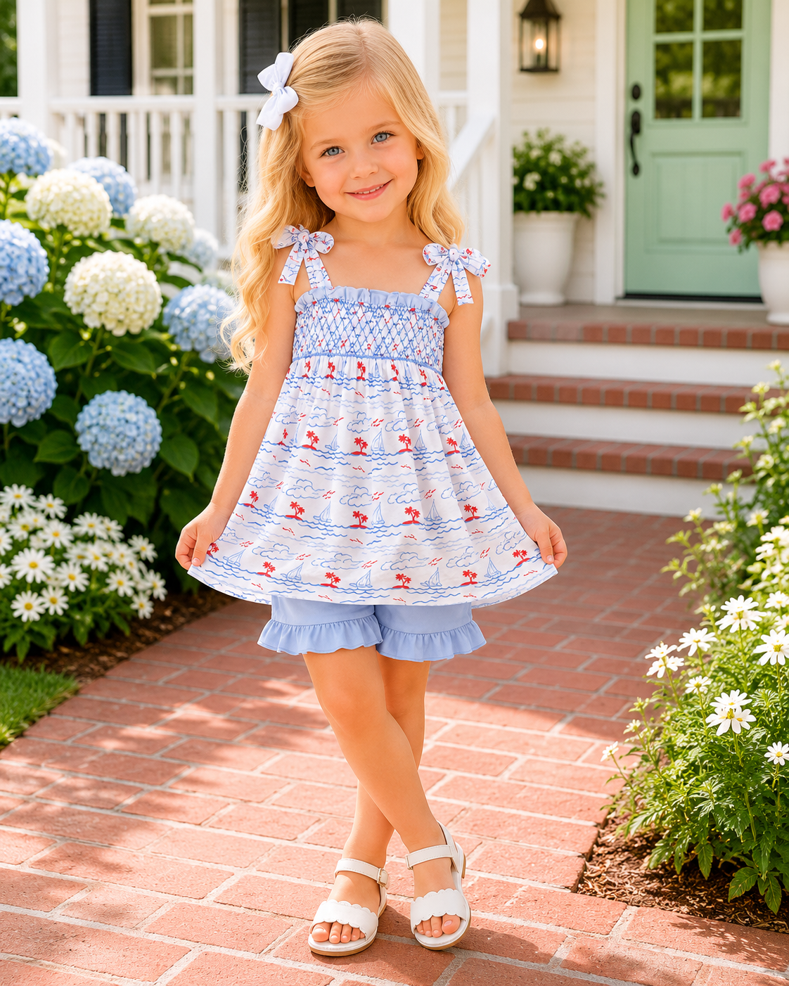 Blue Sailboat Smocked Set