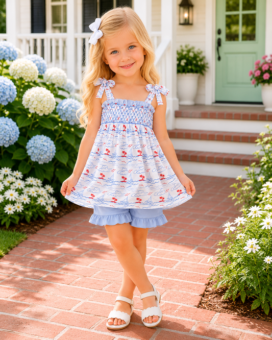 Blue Sailboat Smocked Set