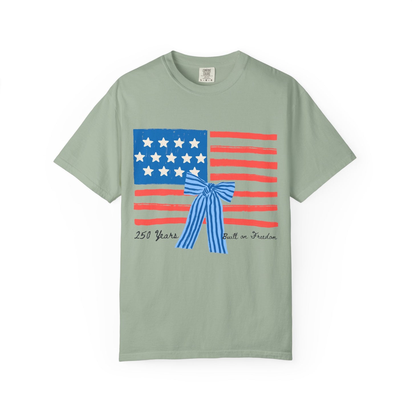 American Flag T-Shirt with Blue Bow – 250 Years of Freedom Tee