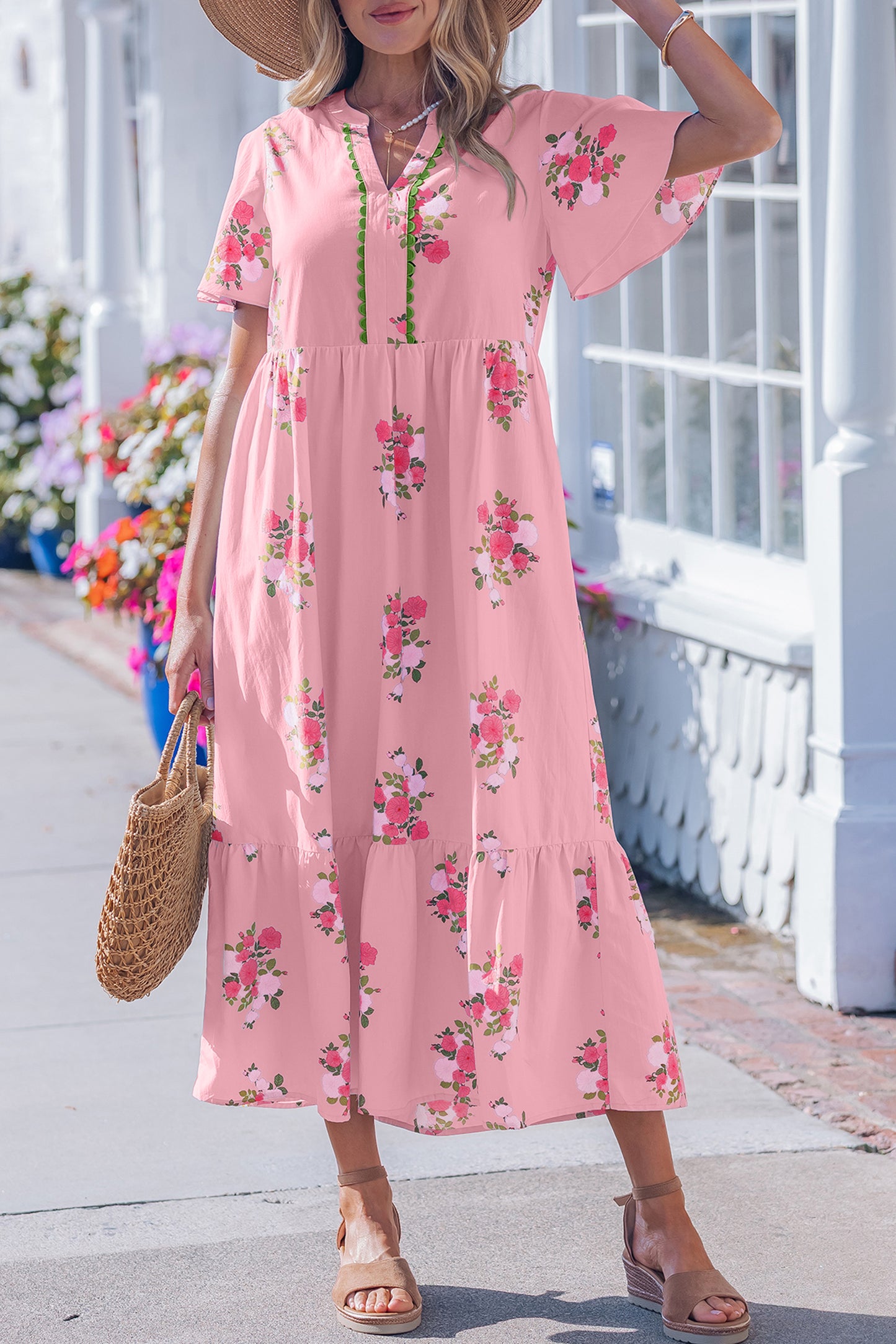 Sky Blue Notched Neck Flutter Short Sleeve Floral Print Maxi Dress