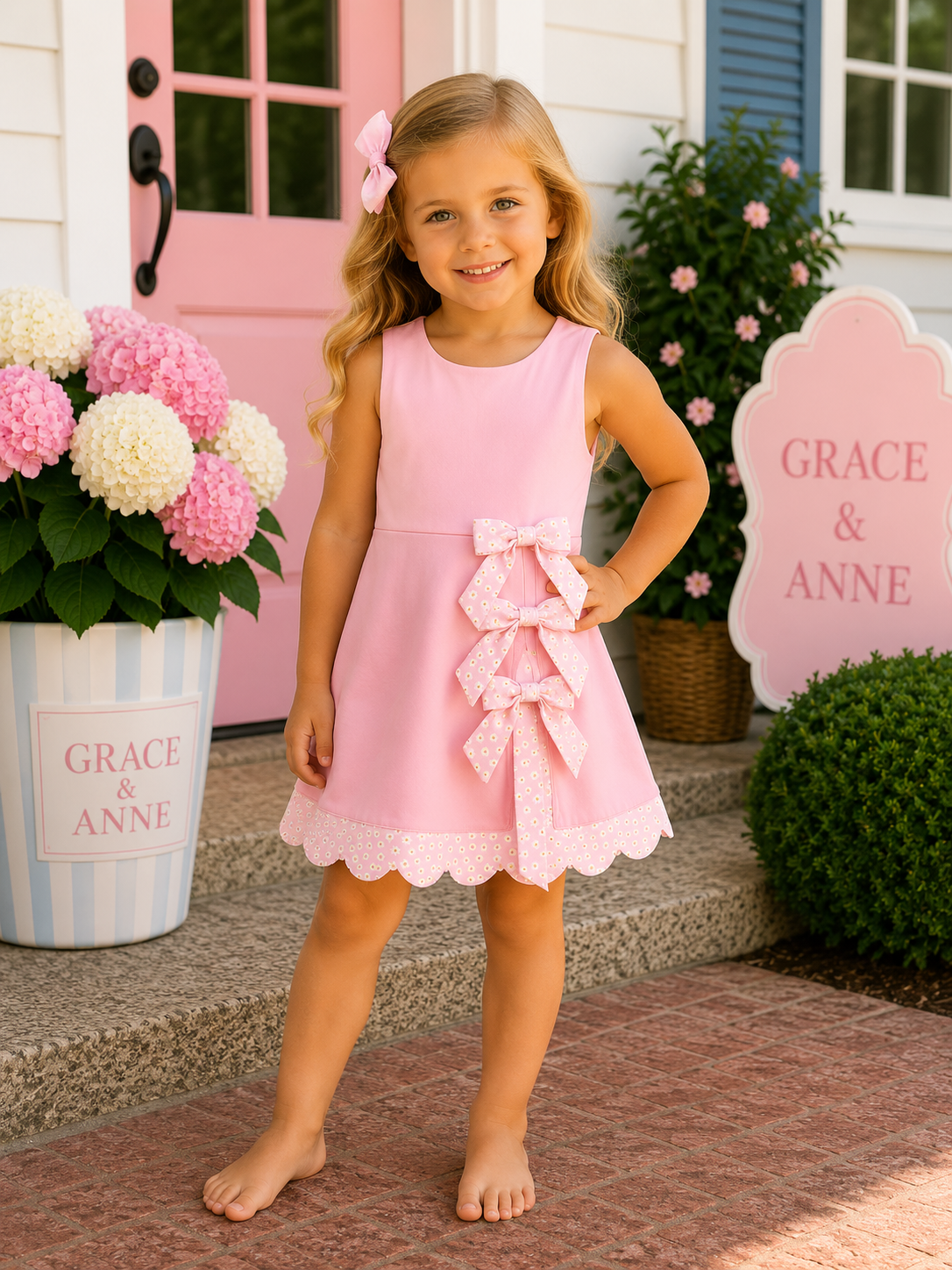 Pink Performance Bow Sash Scalloped Dress