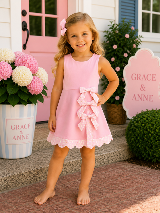 Pink Performance Bow Sash Scalloped Dress