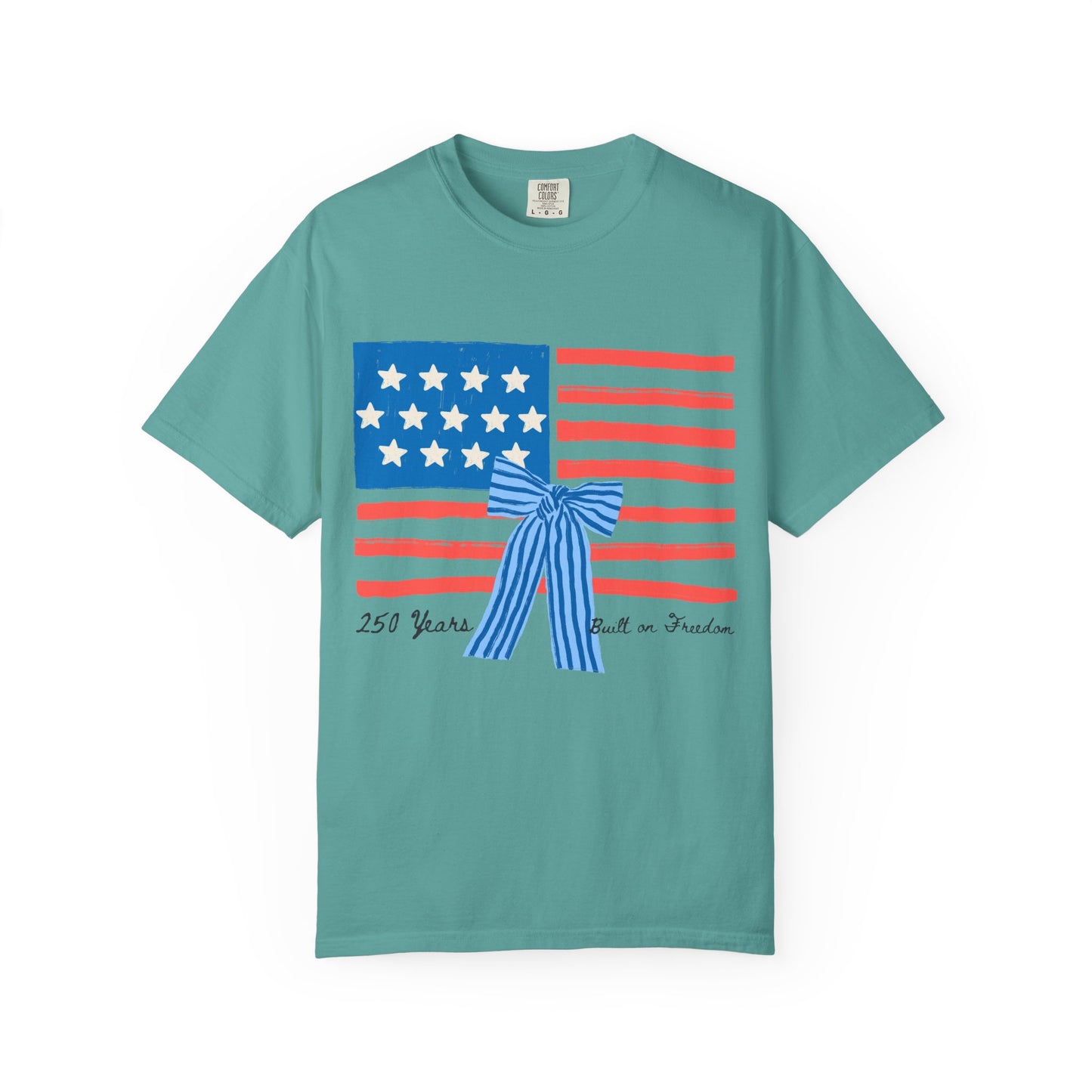 American Flag T-Shirt with Blue Bow – 250 Years of Freedom Tee