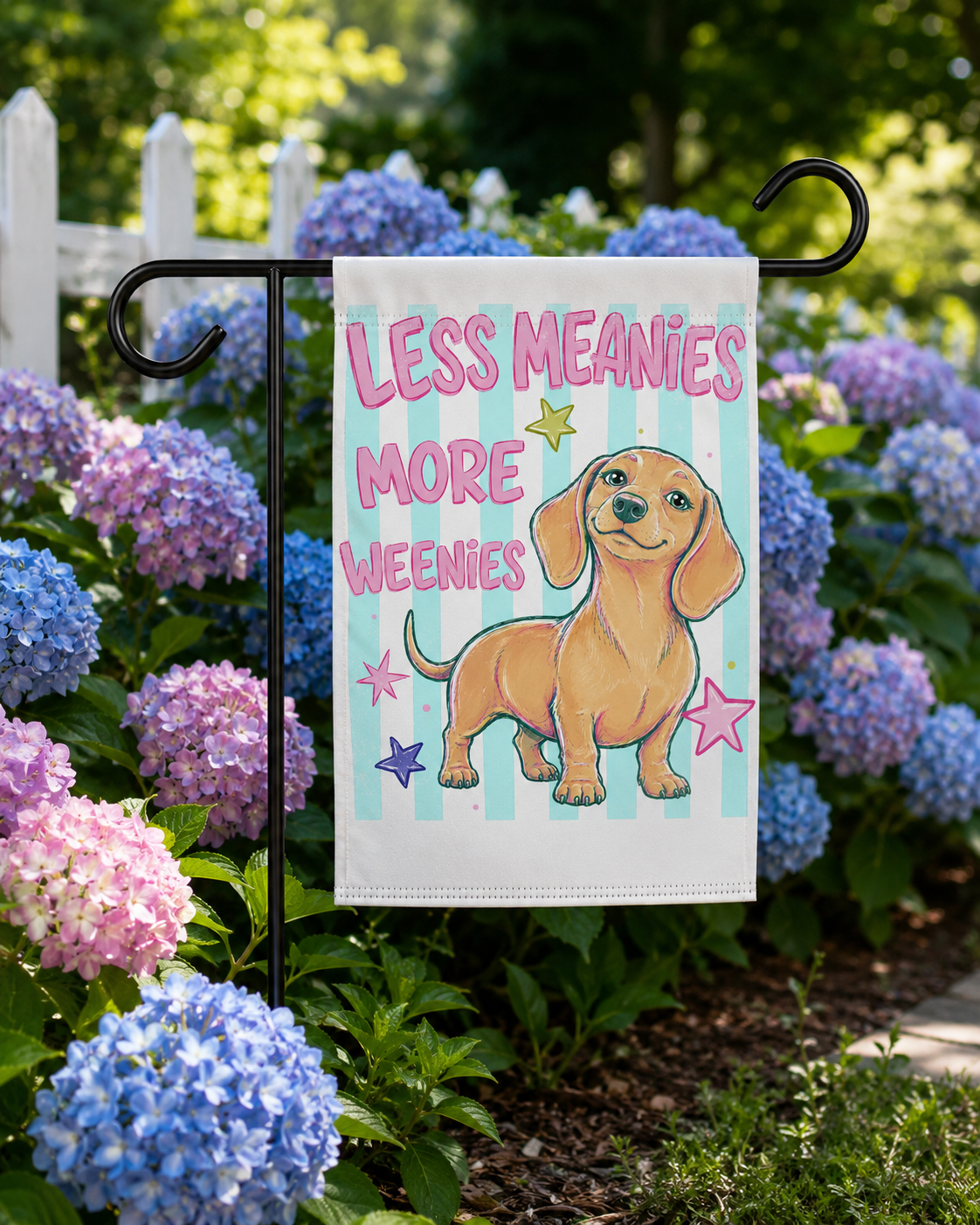 Garden Flag - "Less Meanies More Weenies" Dachshund Decorative Yard Banner
