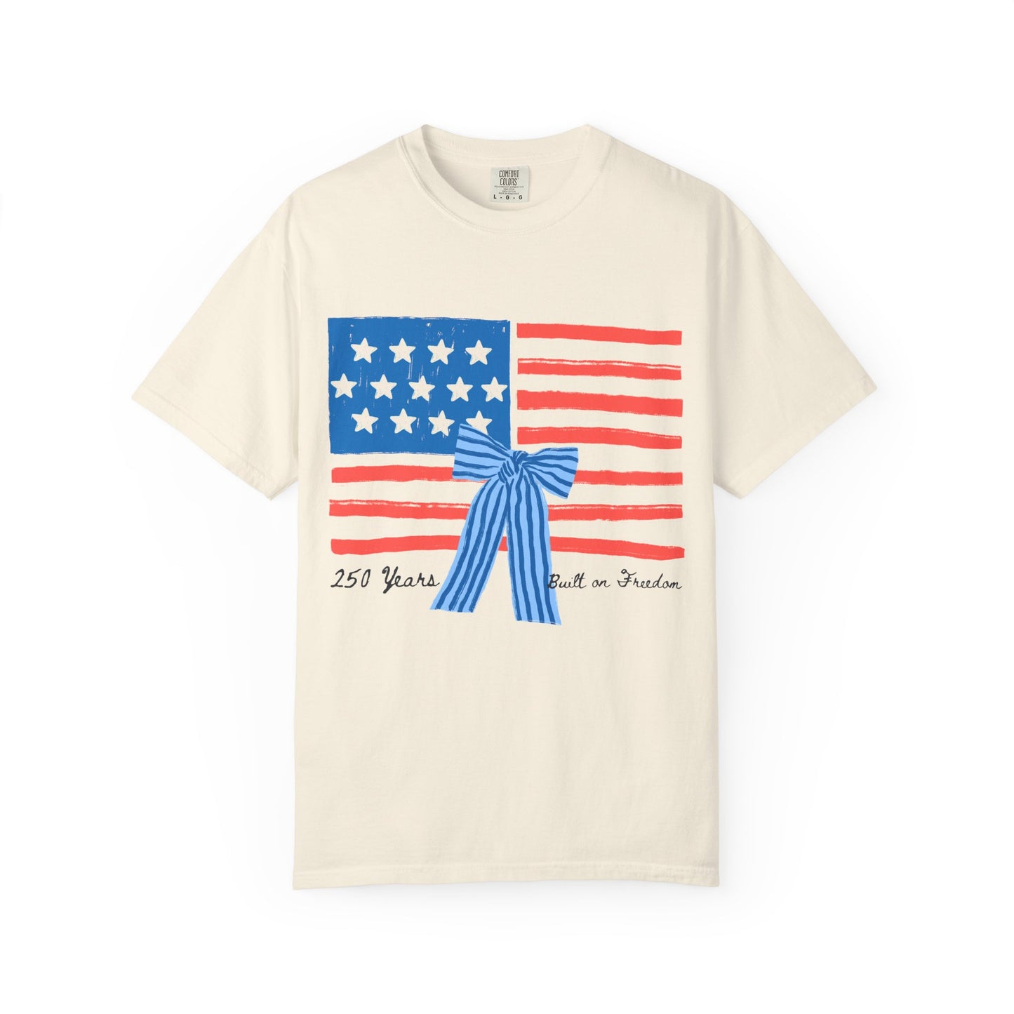 American Flag T-Shirt with Blue Bow – 250 Years of Freedom Tee