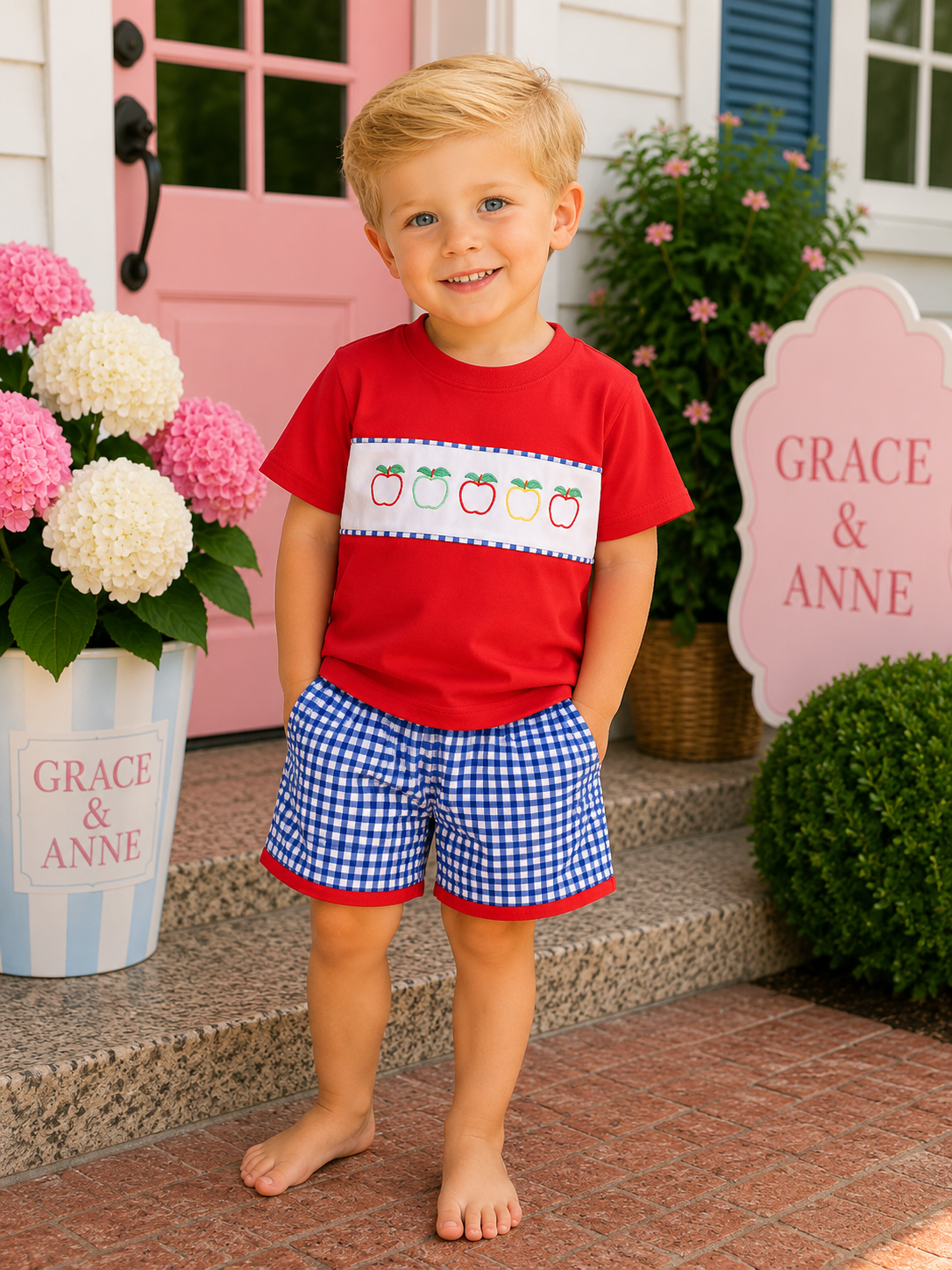 Red Apple Embroidered Gingham Shorts Set