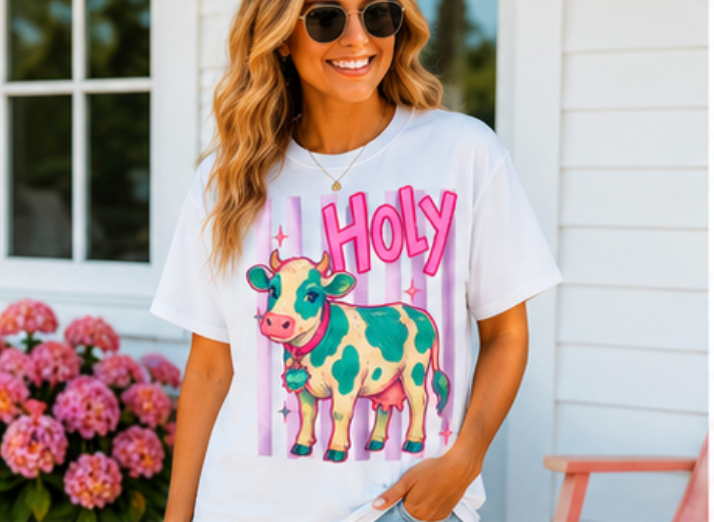 Holy Cow Graphic T-Shirt — Cute Pastel Cow Illustration