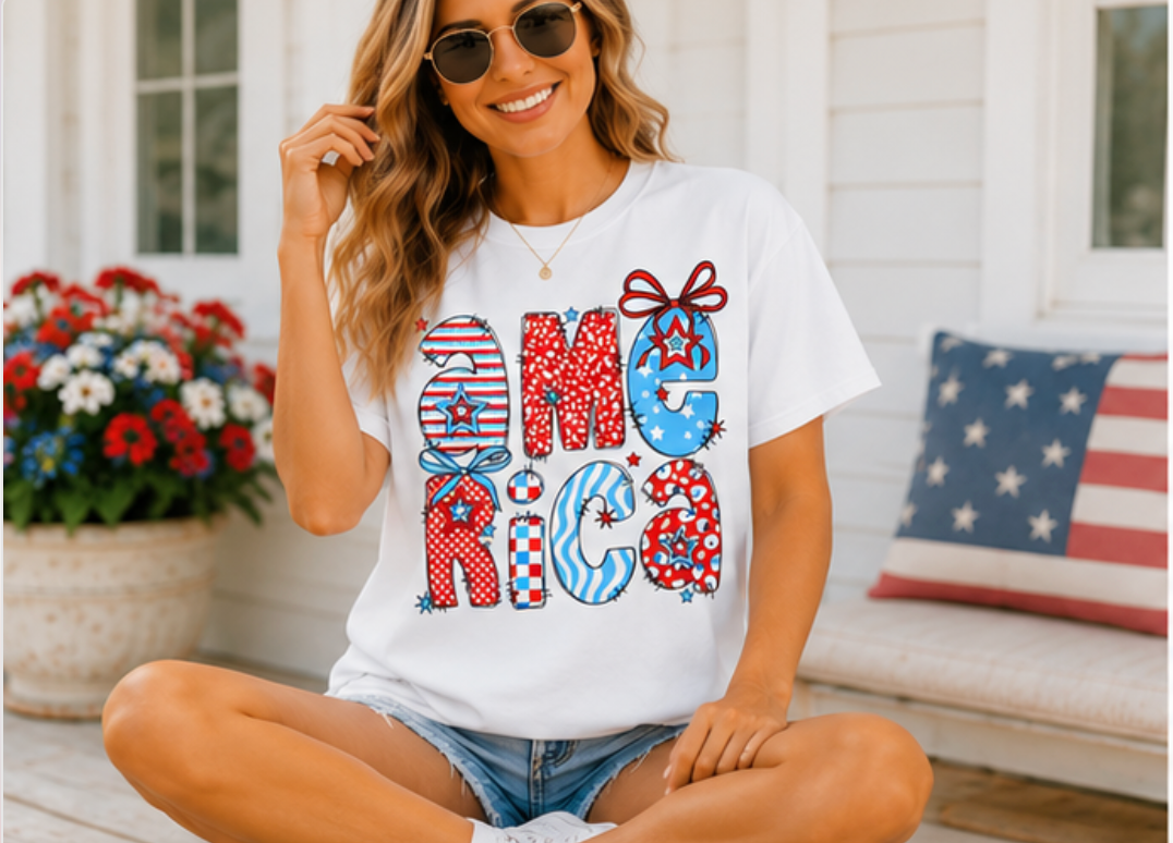 America Graphic T-Shirt — Patriotic Red White Blue 4th of July Tee