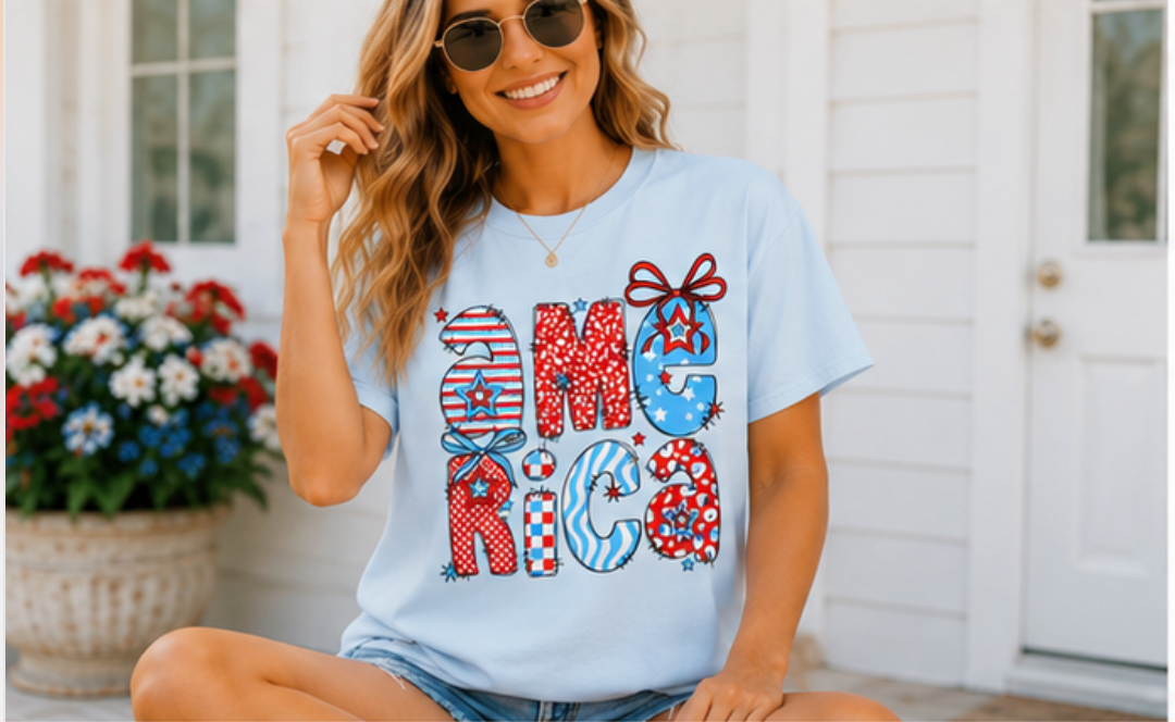 America Graphic T-Shirt — Patriotic Red White Blue 4th of July Tee