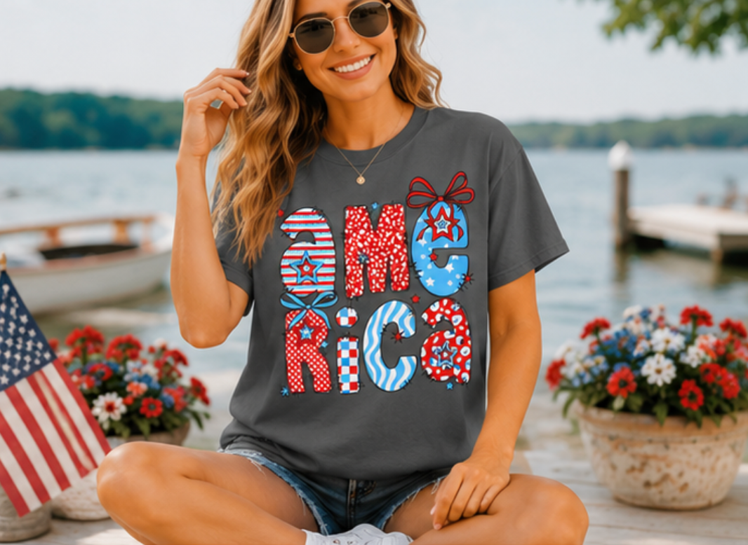 America Graphic T-Shirt — Patriotic Red White Blue 4th of July Tee