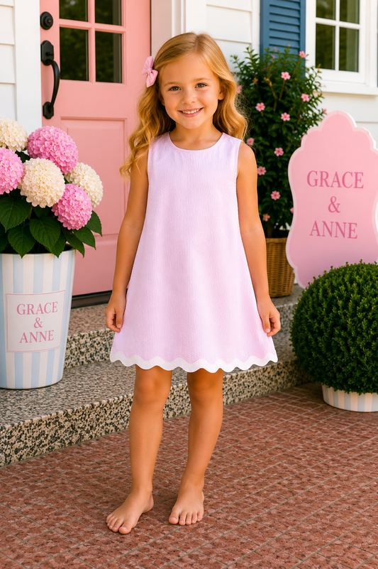 Pink Seersucker Stripe Scalloped Dress