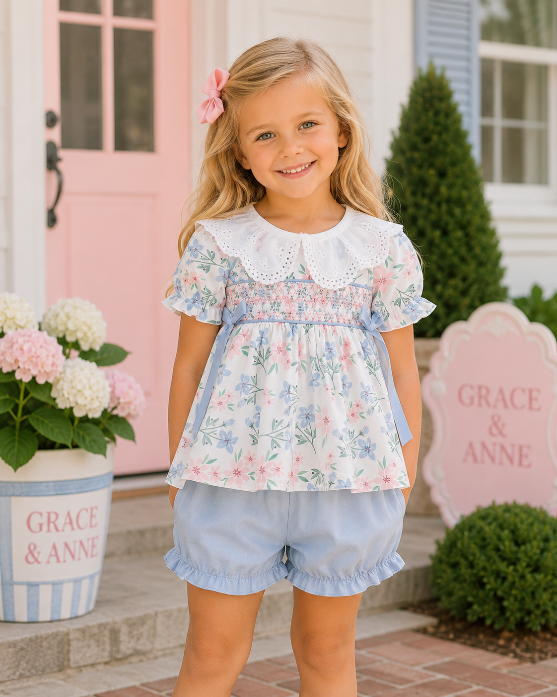Blue Floral Smocked Ruffle Bloomer Set