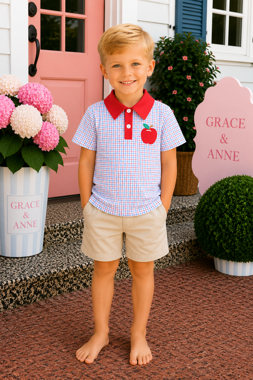 Blue Apple Embroidered Plaid Shorts Set