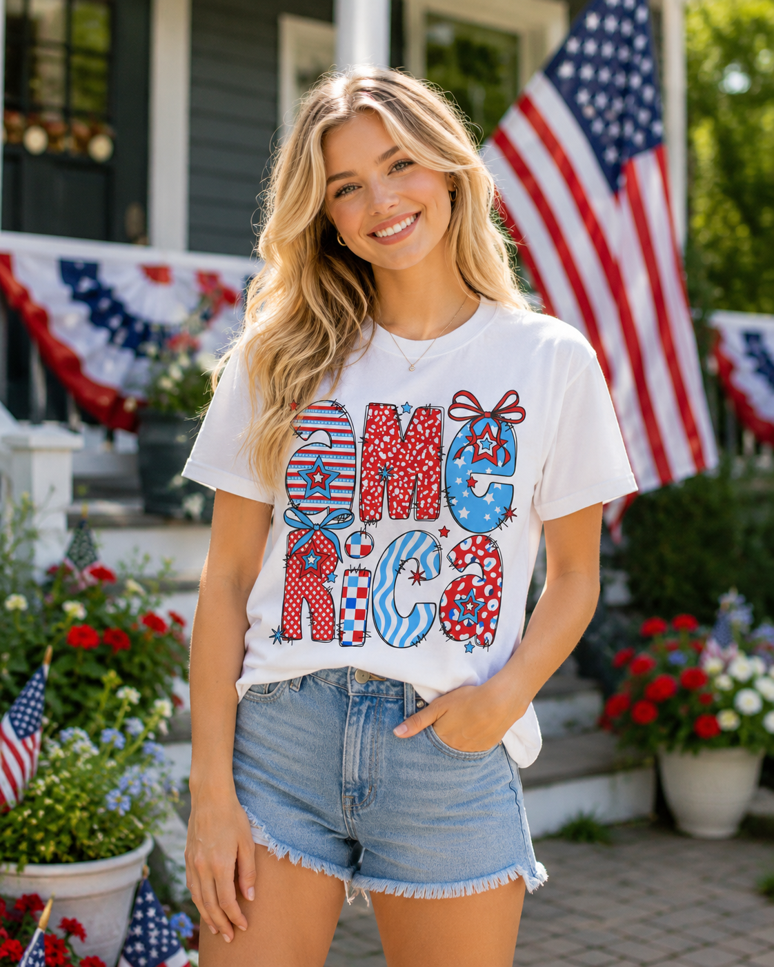 America Graphic T-Shirt — Patriotic Red White Blue 4th of July Tee