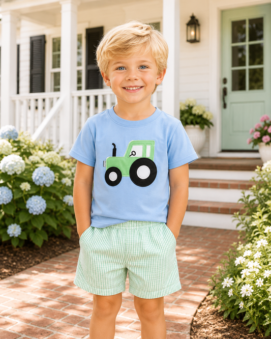 Blue Tractor Applique Seersucker Set