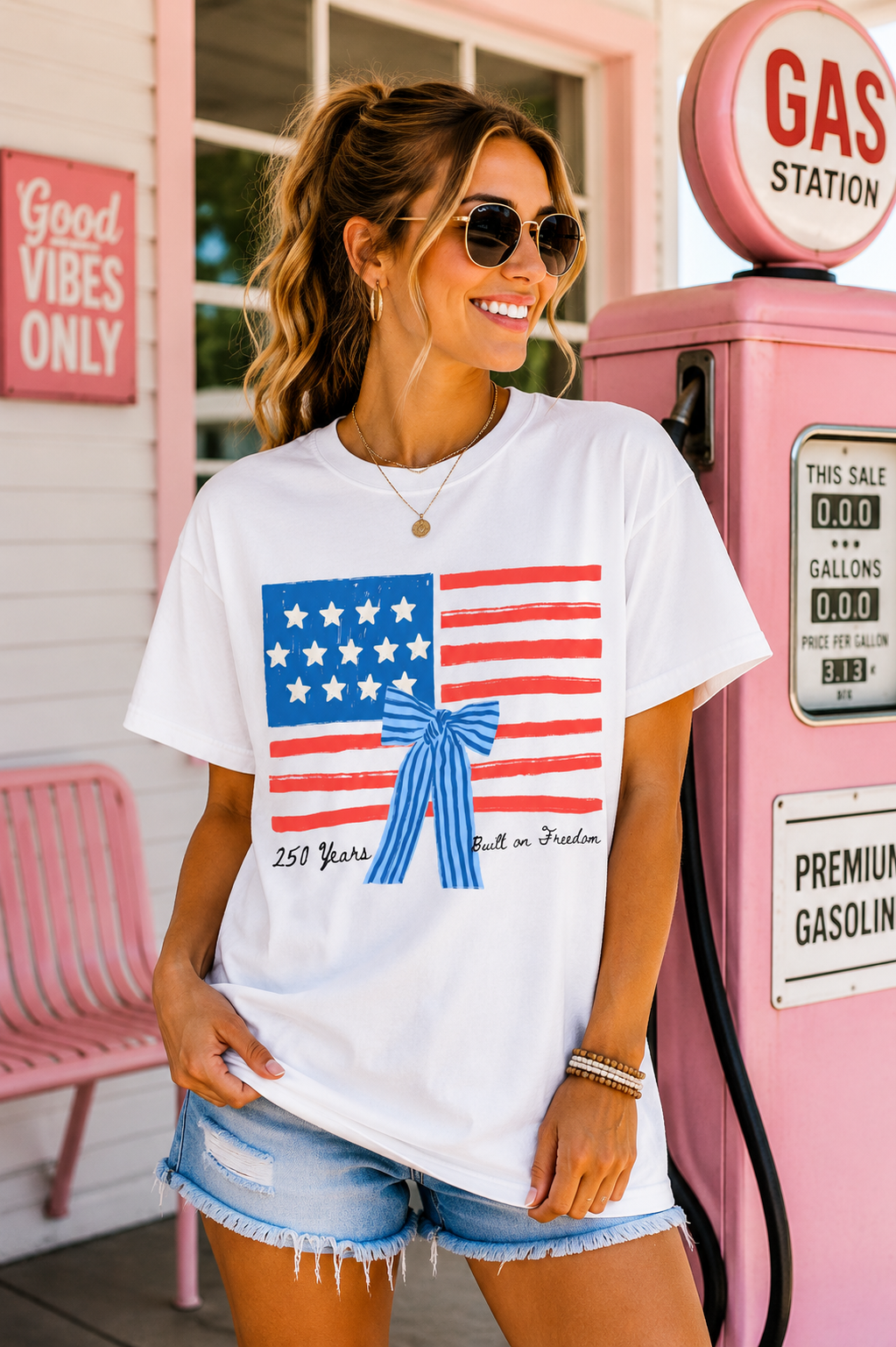 American Flag T-Shirt with Blue Bow – 250 Years of Freedom Tee
