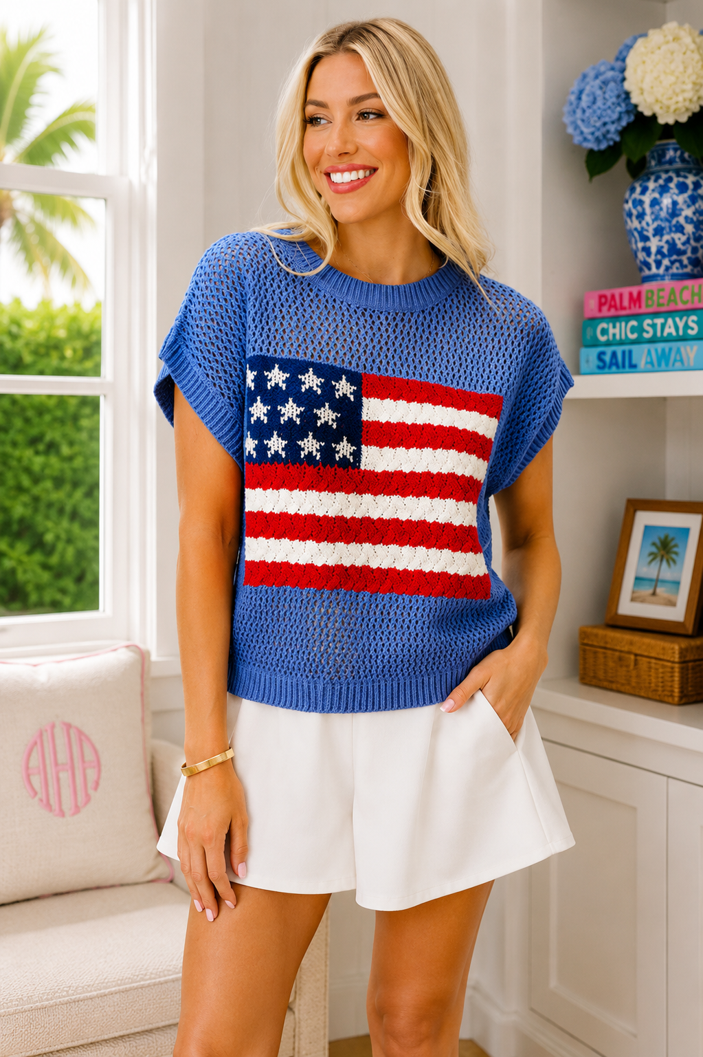 Sky Blue Flag Graphic Short Sleeve Sweater Top