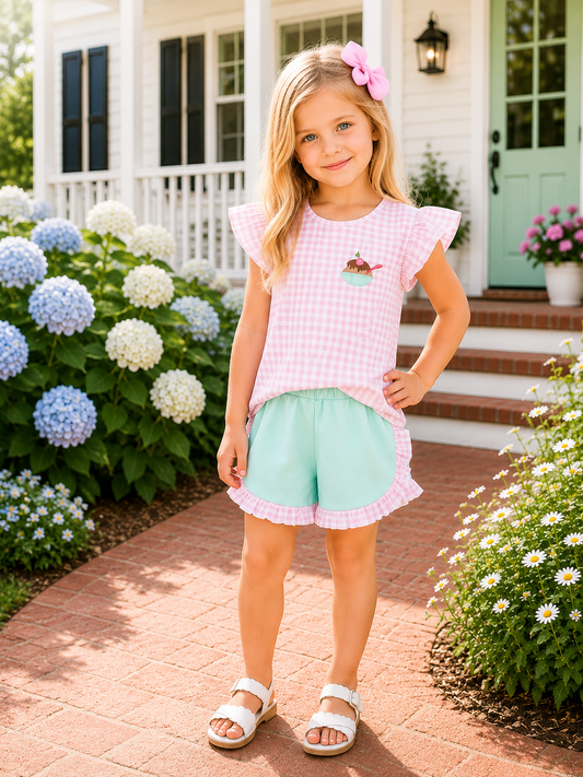 Purple Ice Cream Plaid Embroidered Set